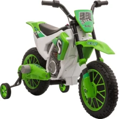 HOMCOM Kinder Elektro-Motorrad Kindermotorrad 12V Kinderfahrzeug Elektrofahrzeug Mit 2 Abnehmbaren Stützrädern Für Kinder Ab 3 Jahre PP Metall Grün+Weiß 106,5 X 51,5 X 68 Cm