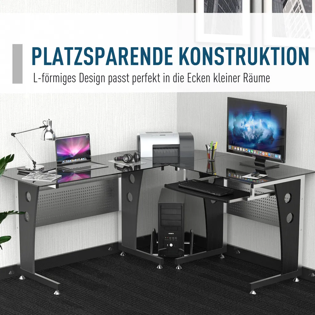 HOMCOM Computertisch Eckschreibtisch Schreibtisch Bürotisch PC Tisch Mit Schwarzem Sicherheitsglas L-förmig 164x139x75 Cm 7 HOMCOM Computertisch Eckschreibtisch Schreibtisch Bürotisch PC Tisch Mit Schwarzem Sicherheitsglas L-förmig 164x139x75 Cm – Bild 5