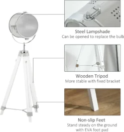 HOMCOM Stehlampe Stehleuchte Mit Dreibein Stativ Aus Holz 100-140 Cm Höhenverstellbar Mit 180° Drehbarem Lampenkopf Caféleuchte Studiolampe Industrial Design Tripod Lampe 40W Weiß Stahl Kiefernholz -Homcom e7a0650ea9a651f974772354f5018c05