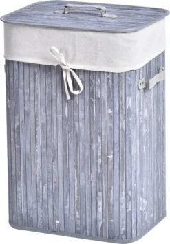 HOMCOM Wäschekorb, Wäschebox, Wäschesammler Mit Deckel, Segeltuchsack, Waschbarem Wäschesack, Mit Griffen, Bambus , Faltbar, 72L, Grau, 40 X 30 X 60 Cm