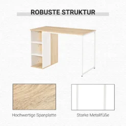 HOMCOM Schreibtisch Bücherregal Computertisch Bürotisch Mit Regale Arbeitstisch PC Laptop Tisch Großer Stauraum Spanplatte Metall Eiche+Weiß 115x 55x75 Cm -Homcom e834459559cc1fc5c9a97ae59c80b354