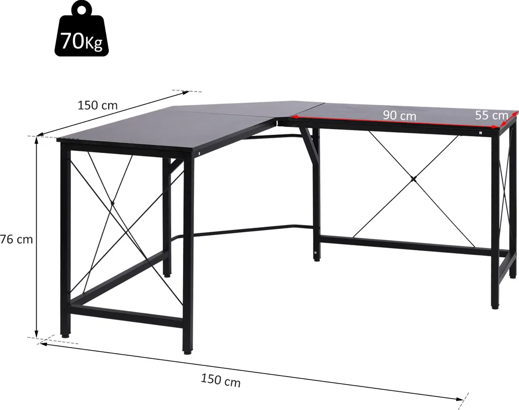HOMCOM Computertisch Schreibtisch L-Form Eckschreibtisch Winkelschreibtisch MDF Schwarz 150 X 150 X 76 Cm 9 HOMCOM Computertisch Schreibtisch L-Form Eckschreibtisch Winkelschreibtisch MDF Schwarz 150 X 150 X 76 Cm – Bild 7