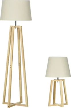 HOMCOM Stehlampe Mit 1 Tischlampe 2er-Set Nachttischlampe 149 Cm/68 Cm Höhe Stehleuchte Für Wohnzimmer Schlafzimmer Skandi-Design Weiß+Natur