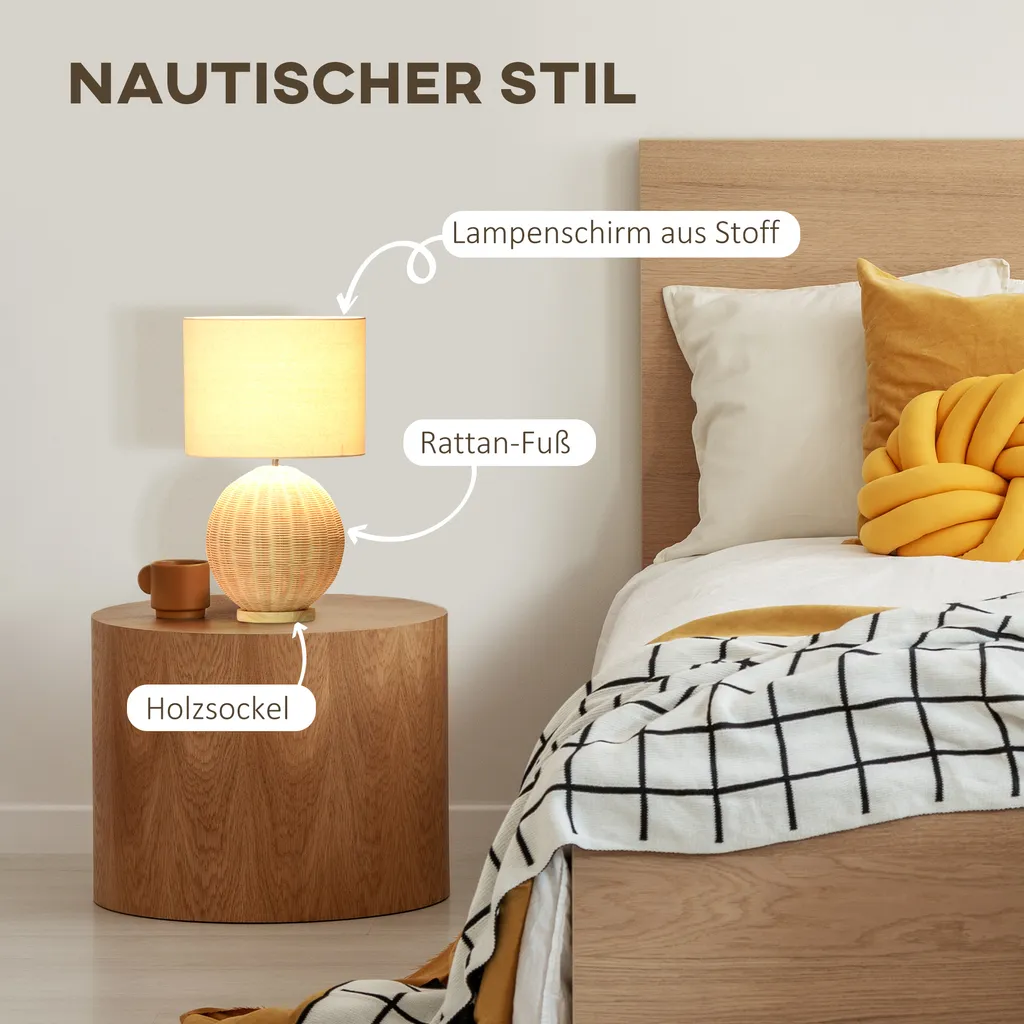HOMCOM Tischlampe Tischleuchte Rattan-Lampenschirm Nachttischlampe Wohnzimmerlampe Mit Holzsockel Rattan-Fuß 40W Naturholz 34 X 34 X 55 Cm 6 HOMCOM Tischlampe Tischleuchte Rattan-Lampenschirm Nachttischlampe Wohnzimmerlampe Mit Holzsockel Rattan-Fuß 40W Naturholz 34 X 34 X 55 Cm – Bild 4