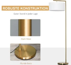 HOMCOM Stehlampe Stehleuchte E27 Sockel Für Wohnzimmer Schlafzimmer Büro Metall Stahl Leinen Gold+Weiß 47 X 37 X 153 Cm -Homcom ed9c7574125d7cf0e8264c7dbe2ab77b