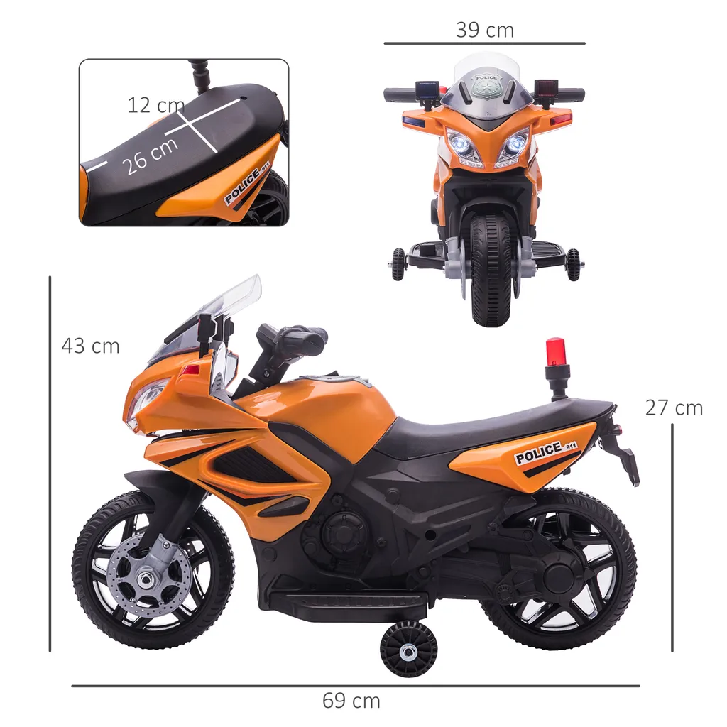 HOMCOM Kinder Polizei Elektromotorrad Polizeimotorrad Elektroauto Kinderwagen Für 18 Bis 36 Monaten Mit 2 Scheinwerfer Polizeilichter Elektroquad Orange+Schwarz 69 X 39 X 43 Cm 5 HOMCOM Kinder Polizei Elektromotorrad Polizeimotorrad Elektroauto Kinderwagen Für 18 Bis 36 Monaten Mit 2 Scheinwerfer Polizeilichter Elektroquad Orange+Schwarz 69 X 39 X 43 Cm – Bild 3