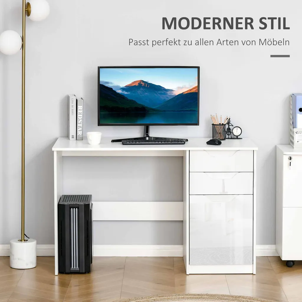 HOMCOM Schreibtisch Computertisch Mit 2 Schubladen Schrank Arbeitstisch Bürotisch Große Tischplatte Weiß 120 X 60 X 76 Cm 6 HOMCOM Schreibtisch Computertisch Mit 2 Schubladen Schrank Arbeitstisch Bürotisch Große Tischplatte Weiß 120 X 60 X 76 Cm – Bild 4
