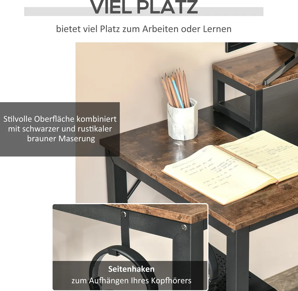 HOMCOM Computertisch Schreibtisch PC Tisch Bürotisch Industriestil Spanplatte Metall Rustikales Braun+Schwarz 120 X 60 X 73,5 Cm 5 HOMCOM Computertisch Schreibtisch PC Tisch Bürotisch Industriestil Spanplatte Metall Rustikales Braun+Schwarz 120 X 60 X 73,5 Cm – Bild 3