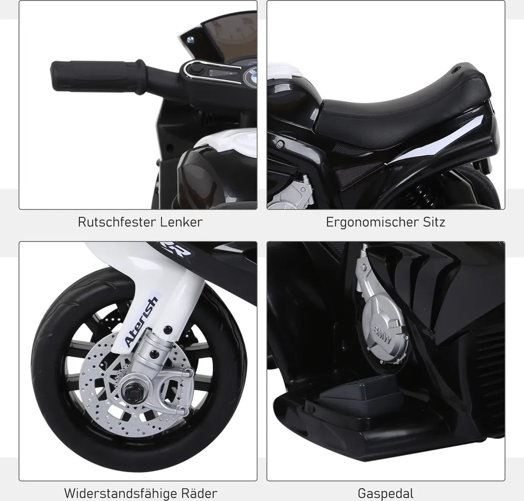 HOMCOM Elektro Kindermotorrad Kinderfahrzeug Lizensiert Von BMW S1000RR Elektro-Dreirad Mit Akku Stahl Schwarz 66 X 37 X 44 Cm 8 HOMCOM Elektro Kindermotorrad Kinderfahrzeug Lizensiert Von BMW S1000RR Elektro-Dreirad Mit Akku Stahl Schwarz 66 X 37 X 44 Cm – Bild 6