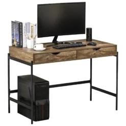 HOMCOM Computertisch Industriestil Schreibtisch Bürotisch Mit Schubladen Home-Office Tisch MDF Metall Braun+Schwarz 110 X 55 X 75 Cm