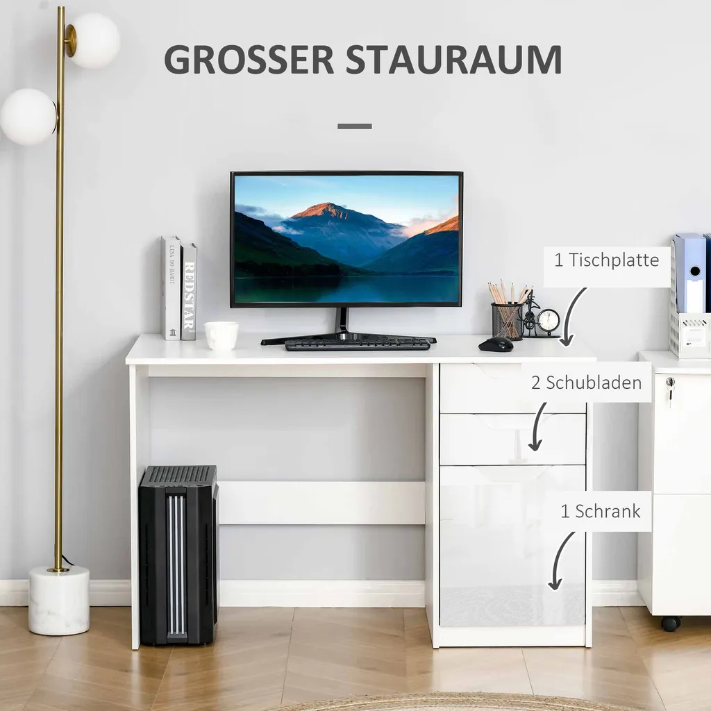 HOMCOM Schreibtisch Computertisch Mit 2 Schubladen Schrank Arbeitstisch Bürotisch Große Tischplatte Weiß 120 X 60 X 76 Cm 7 HOMCOM Schreibtisch Computertisch Mit 2 Schubladen Schrank Arbeitstisch Bürotisch Große Tischplatte Weiß 120 X 60 X 76 Cm – Bild 5